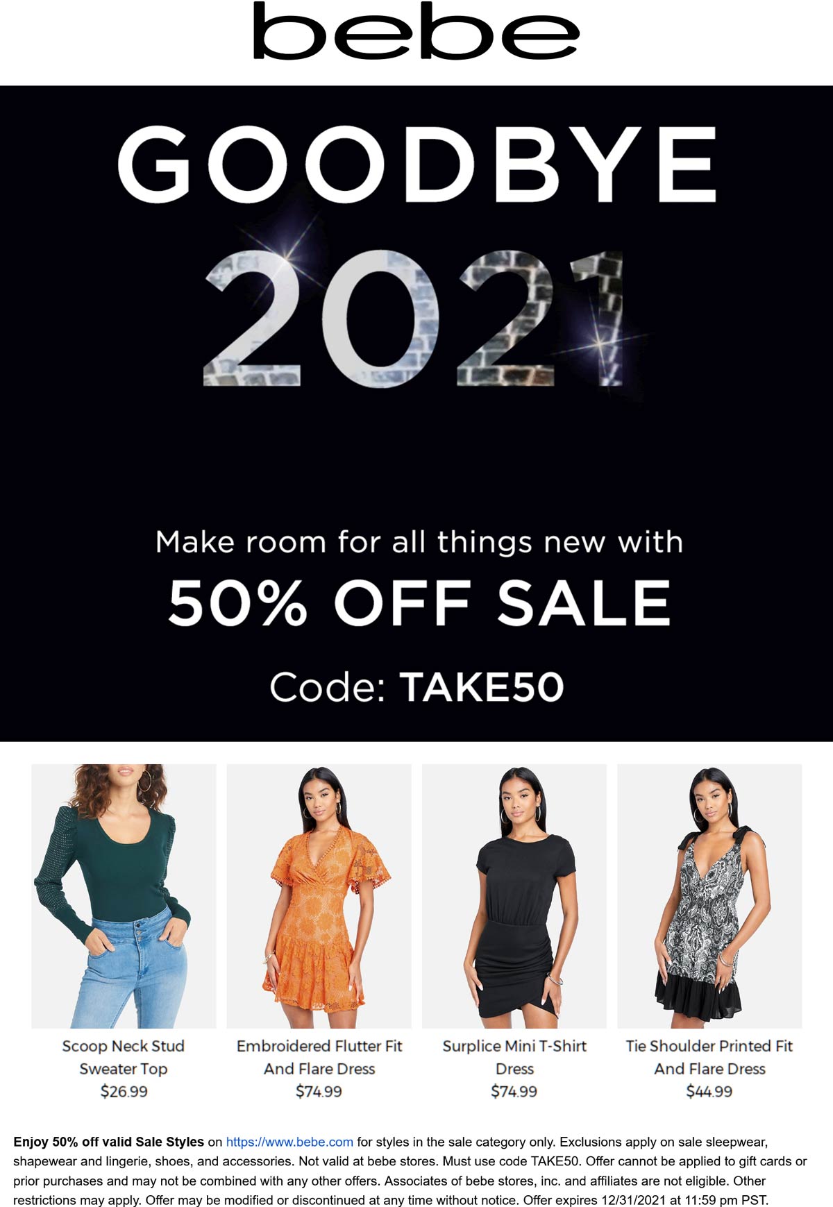 bebe stores Coupon  50% off sale styles today online at bebe via promo code TAKE50 #bebe 