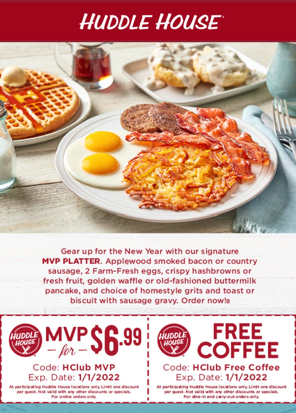 Huddle House restaurants Coupon  Bacon + 2 eggs + hashbrowns + waffle + biscuit & gravy + coffee = $7 at Huddle House #huddlehouse 