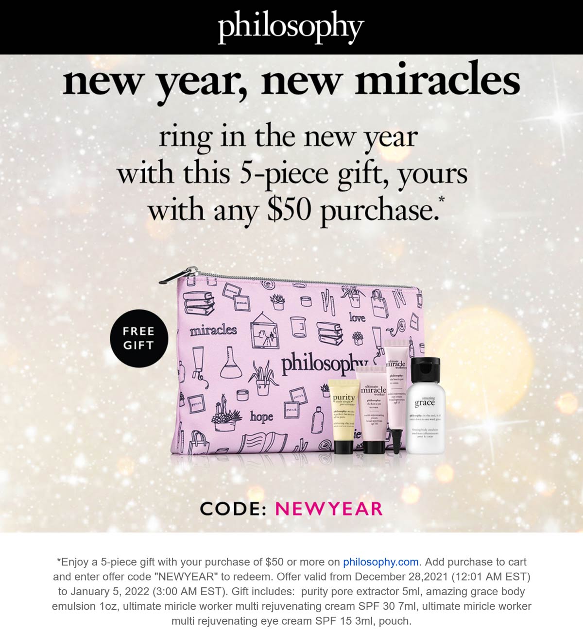 Philosophy stores Coupon  Free 5-piece set on $50 at Philosophy via promo code NEWYEAR #philosophy 