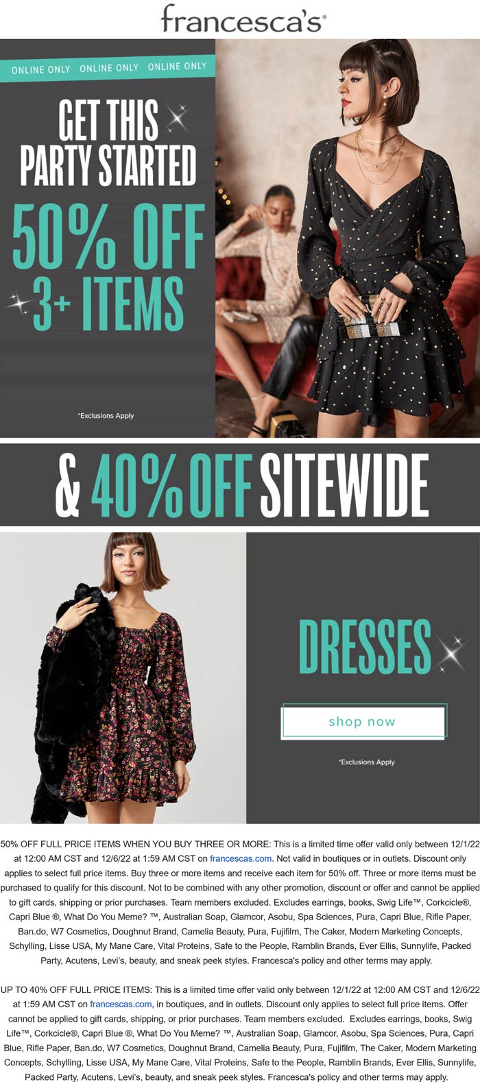 Francescas stores Coupon  40-50% off everything online at Francescas #francescas 