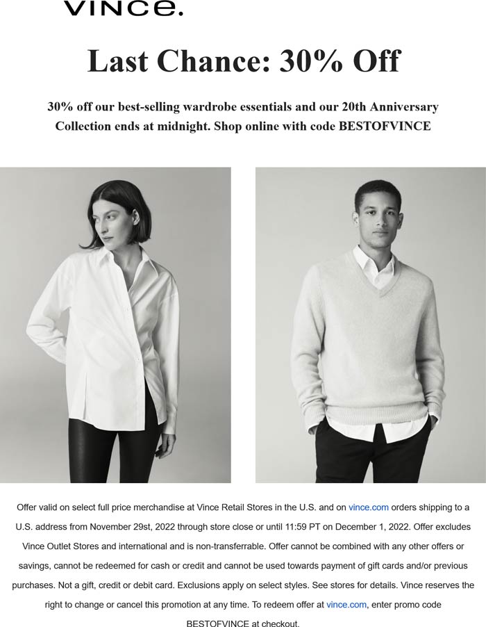 Vince stores Coupon  30% off today at Vince, or online via promo code BESTOFVINCE #vince 