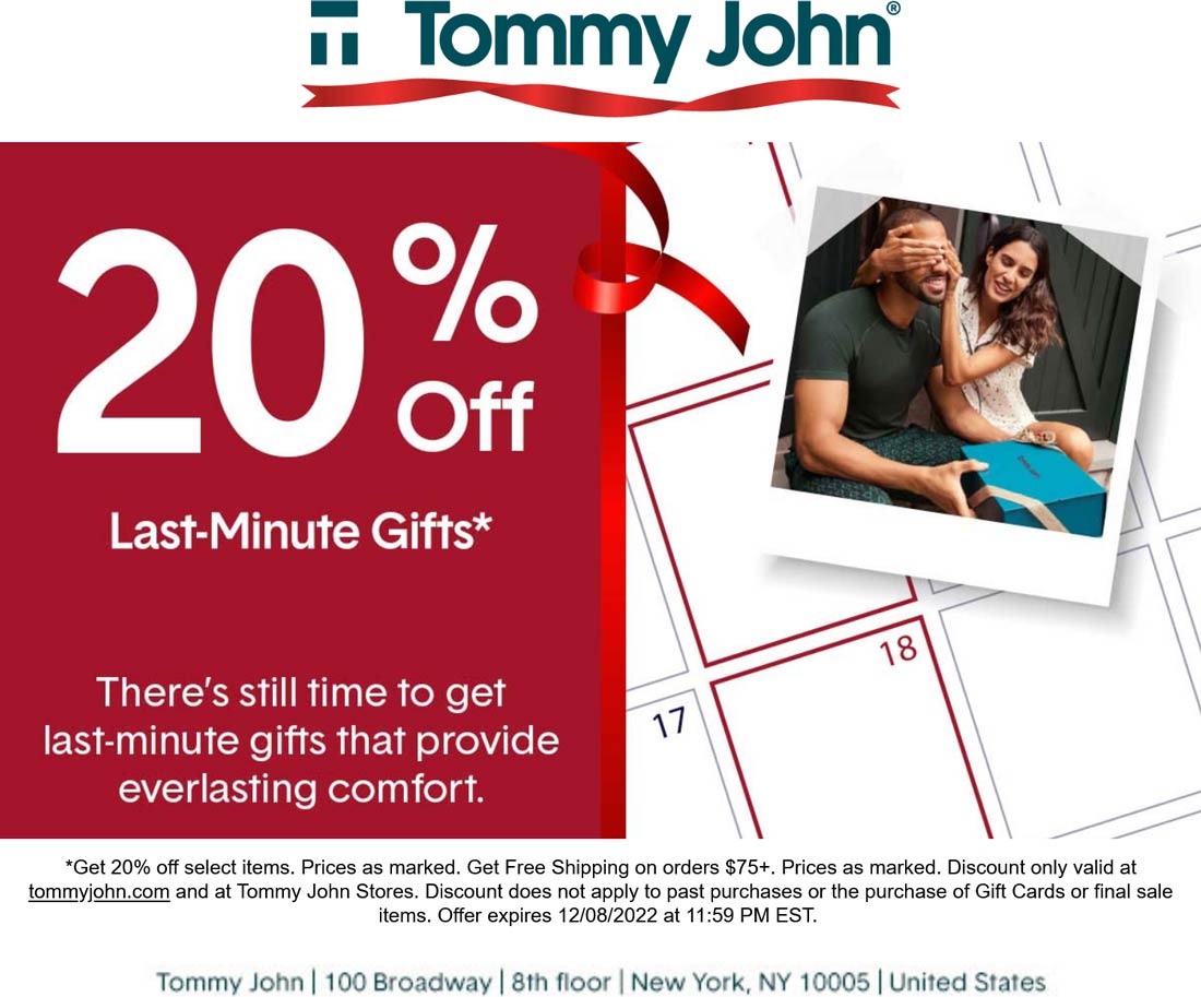 Tommy John stores Coupon  20% off at Tommy John, ditto online #tommyjohn 