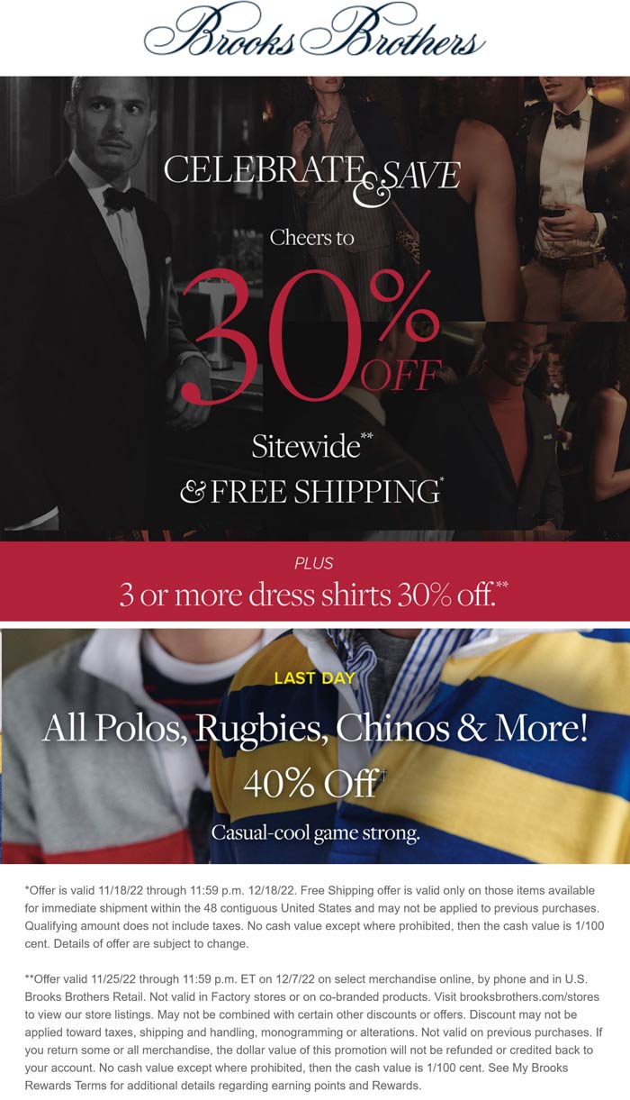 Brooks Brothers stores Coupon  30% off everything & more at Brooks Brothers, ditto online #brooksbrothers 