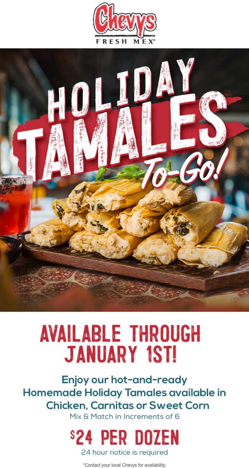 Chevys Fresh Mex restaurants Coupon  Dozen tamales togo = $24 at Chevys Fresh Mex restaurants #chevysfreshmex 