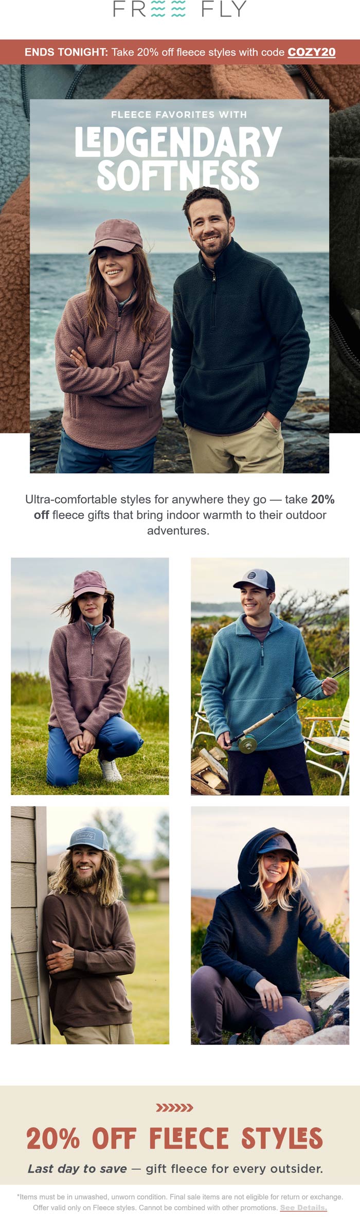 Free Fly stores Coupon  20% off fleece today at Free Fly via promo code COZY20 #freefly 
