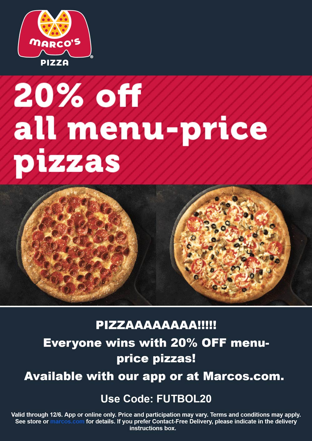 Marcos restaurants Coupon  20% off today at Marcos Pizza via promo code FUTBOL20 #marcos 