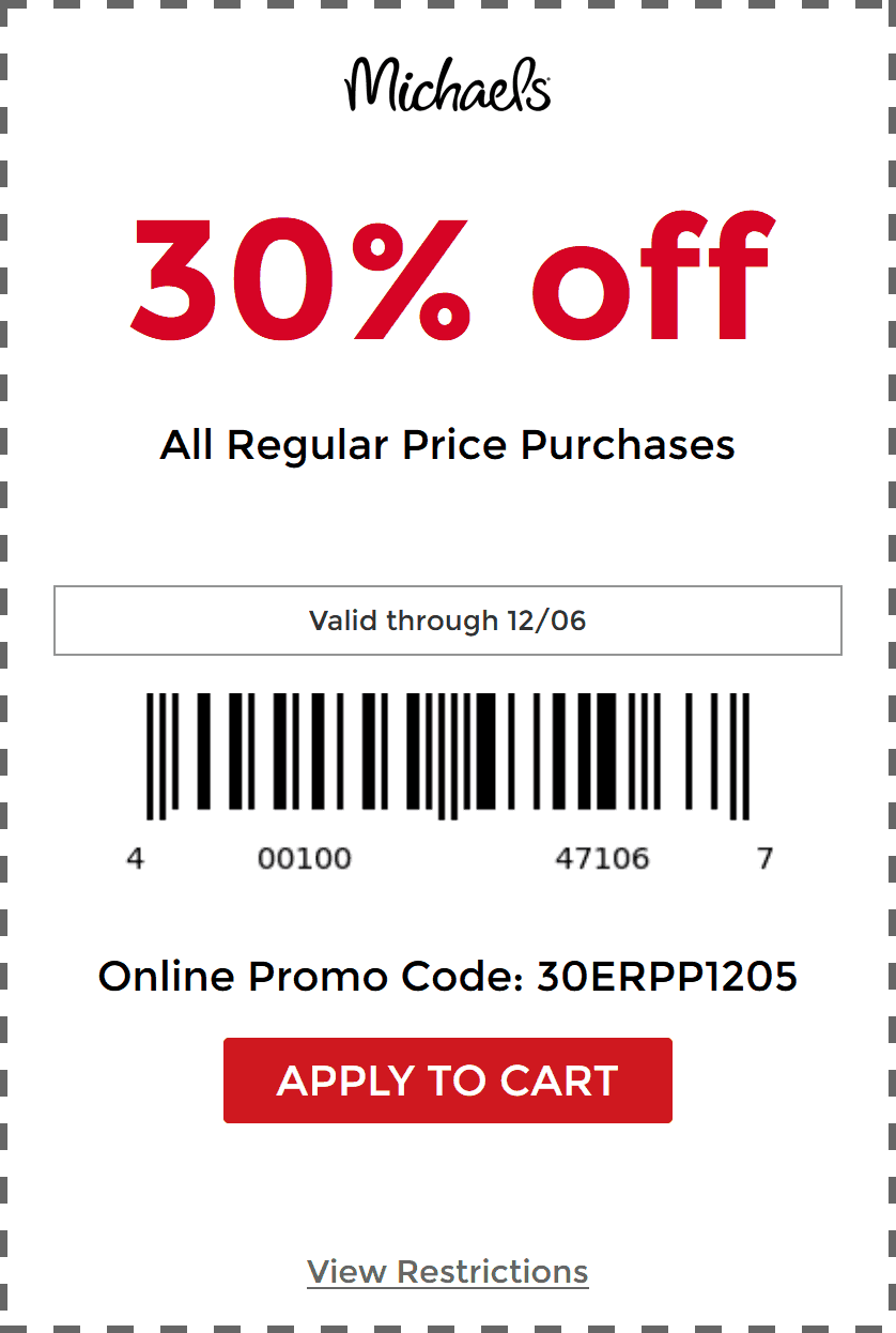 Michaels stores Coupon  30% off today at Michaels, or online via promo code 30ERPP1205 #michaels 