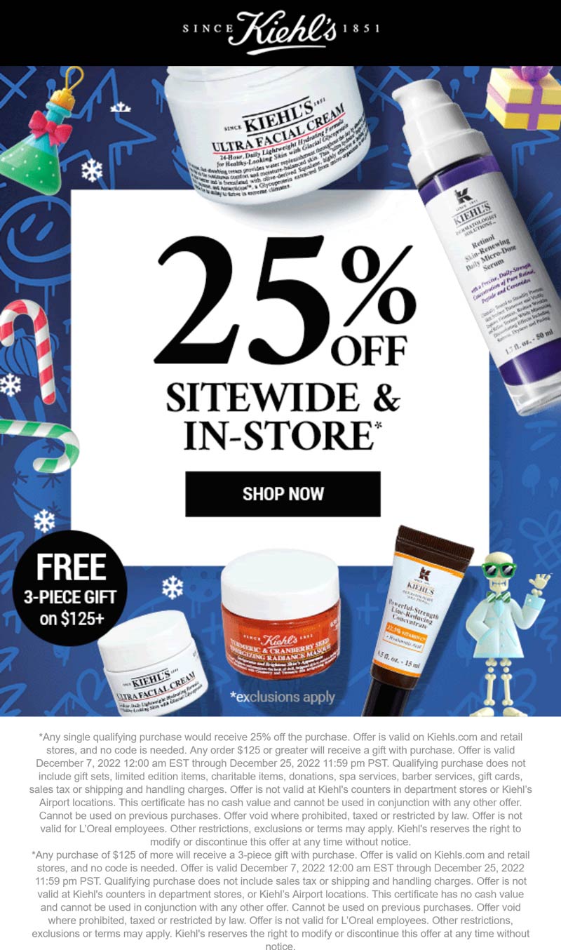 Kiehls stores Coupon  25% off + free 3pc on $125 at Kiehls, ditto online #kiehls 