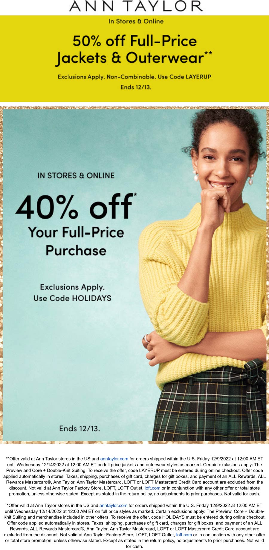 Ann Taylor stores Coupon  40-50% off at Ann Taylor, or online via promo code HOLIDAYS #anntaylor 