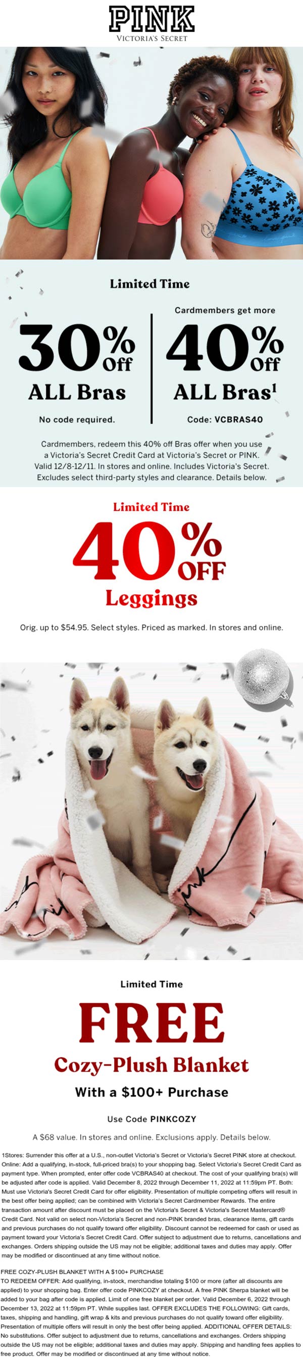 PINK stores Coupon  Free sherpa blanket on $100 & more at PINK via promo code PINKCOZY #pink 