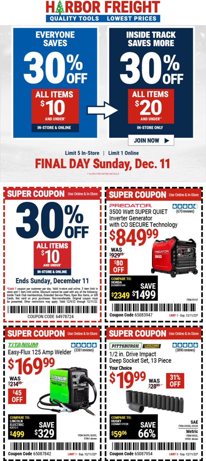 Harbor Freight stores Coupon  30% off items under $10 today at Harbor Freight Tools #harborfreight 