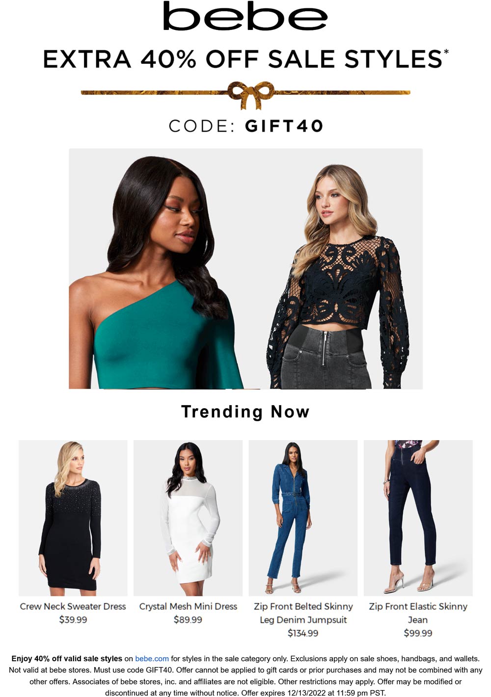 bebe stores Coupon  Extra 40% off sale items online at bebe via promo code GIFT40 #bebe 