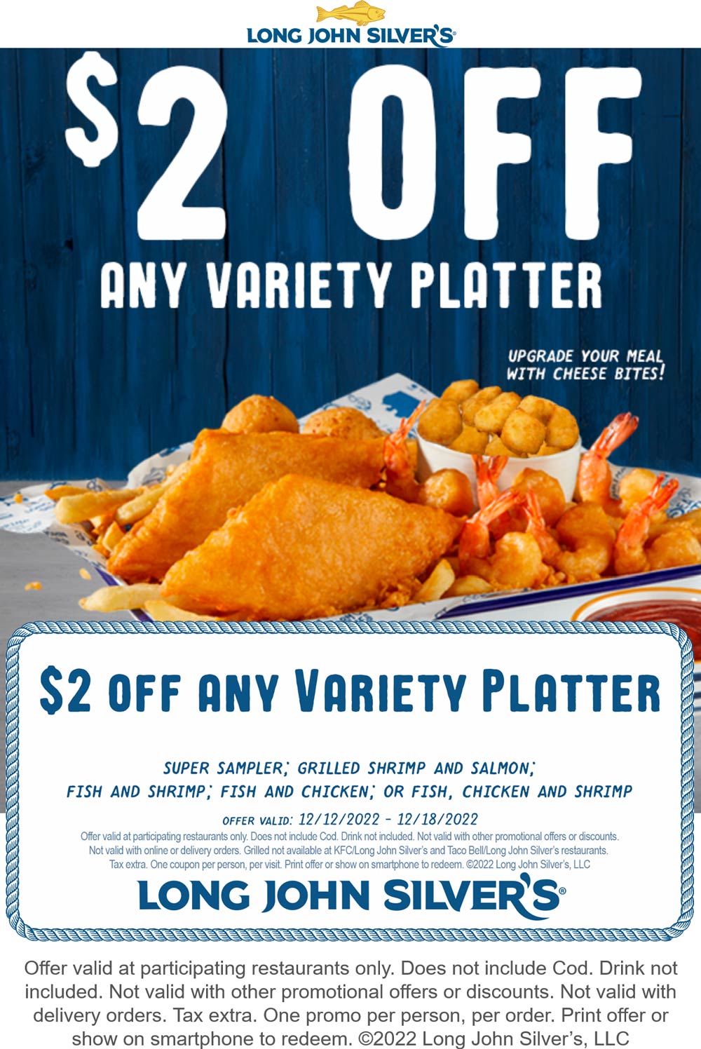Long John Silvers restaurants Coupon  $2 off any platter meal at Long John Silvers, or online via promo code 2OFFPLATTER #longjohnsilvers 