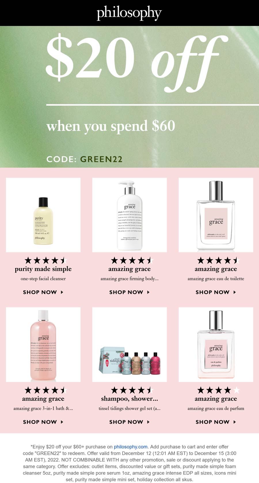Philosophy stores Coupon  $20 off $60 at Philosophy via promo code GREEN22 #philosophy 