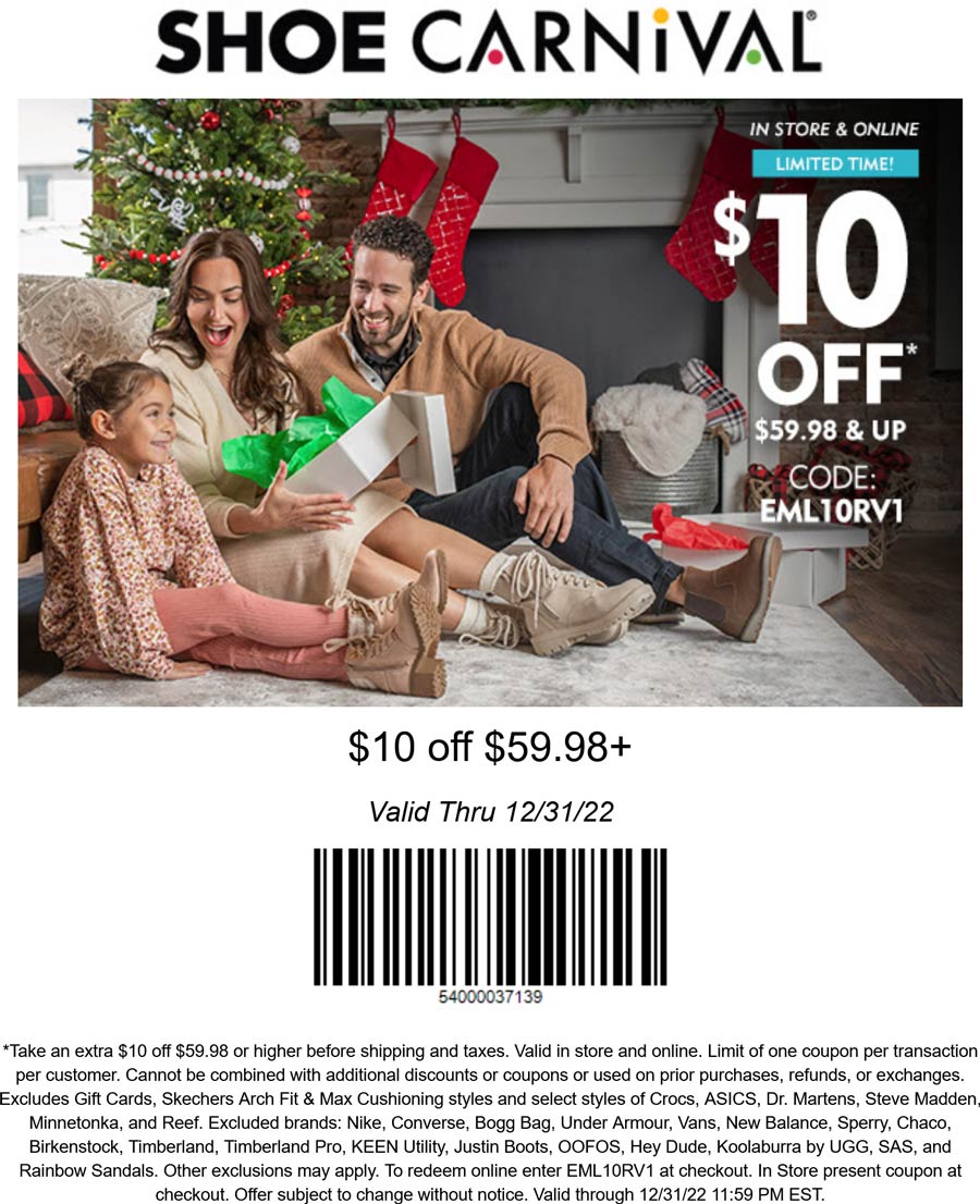 Shoe Carnival stores Coupon  $10 off $60 at Shoe Carnival, or online via promo code EML10RV1 #shoecarnival 