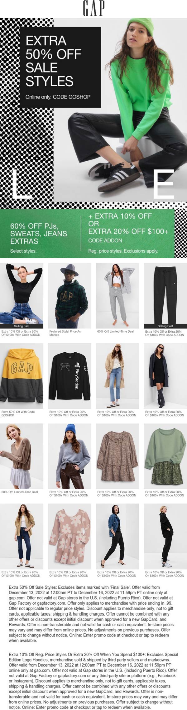 Gap stores Coupon  Extra 50% off sale styles online at Gap via promo code GOSHOP #gap 