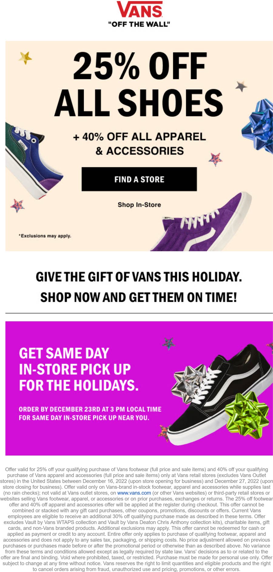 Vans stores Coupon  25% off all shoes + 40% off all apparel at Vans #vans 
