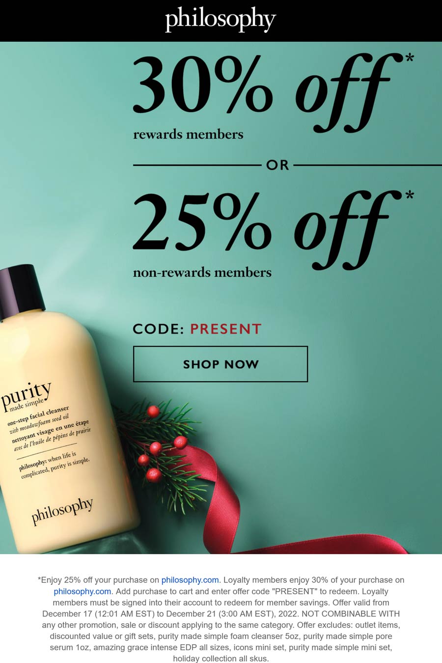 Philosophy stores Coupon  25% off online at Philosophy via promo code PRESENT #philosophy 