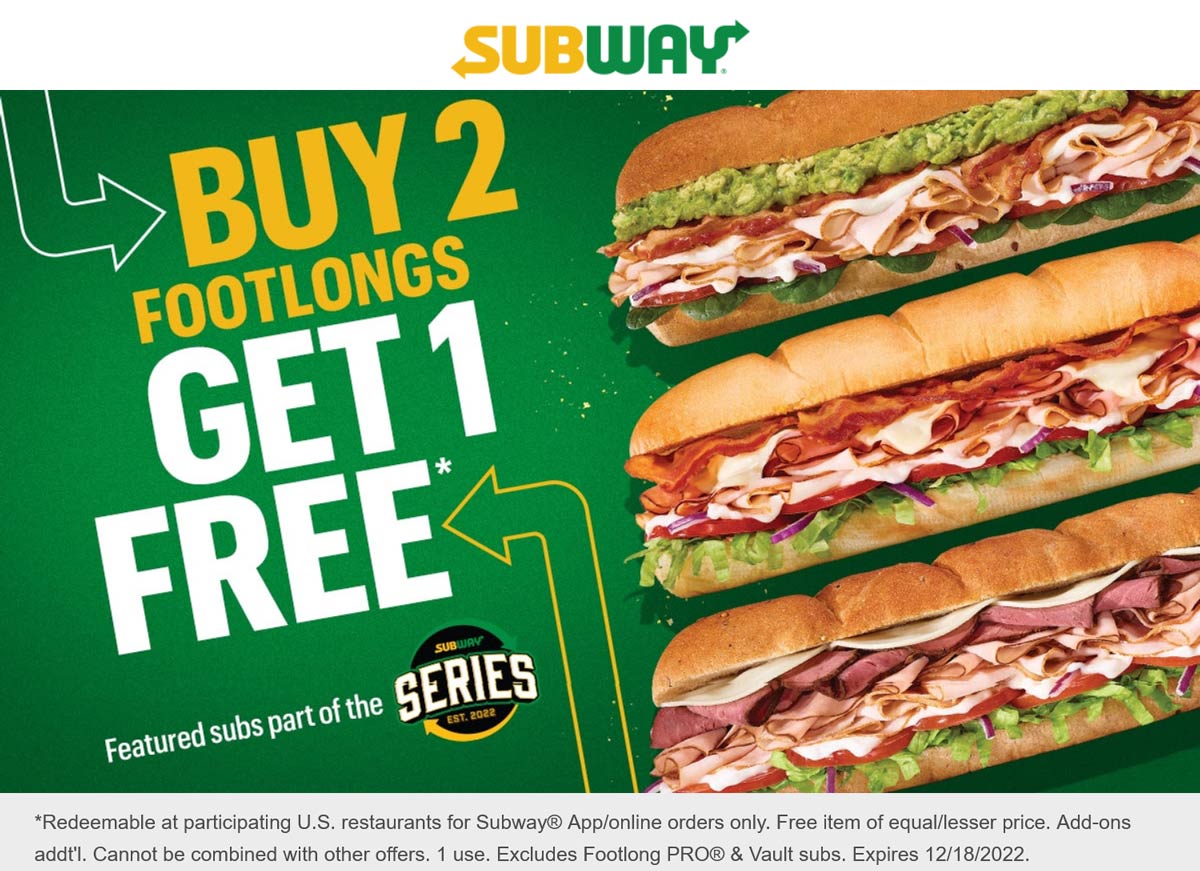 Subway restaurants Coupon  3rd footlong sandwich free online at Subway #subway 