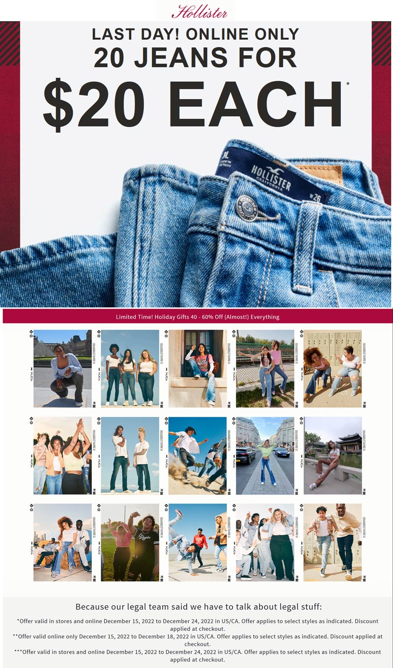 Hollister stores Coupon  $20 jeans & more today at Hollister #hollister 