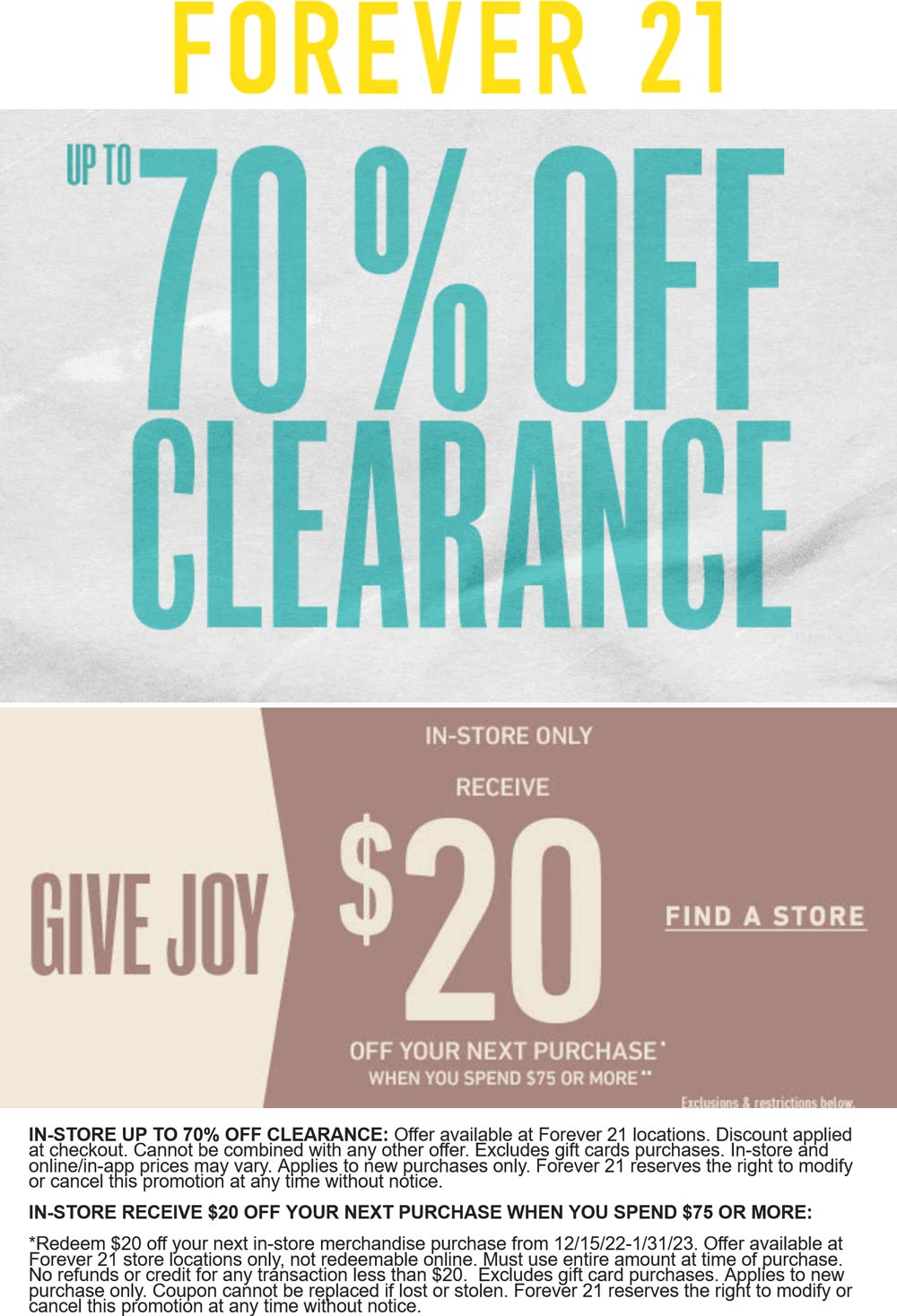 Forever 21 stores Coupon  $20 off $75 at Forever 21 #forever21 