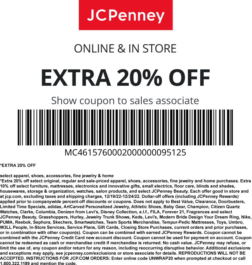 JCPenney stores Coupon  Extra 20% off at JCPenney, or online via promo code UNWRAP20 #jcpenney 