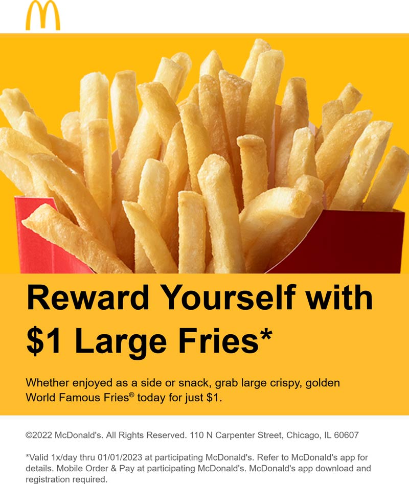 McDonalds restaurants Coupon  $1 large fries daily via mobile at McDonalds #mcdonalds 