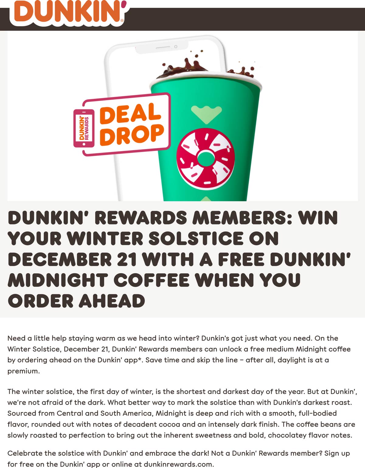 Dunkin Donuts restaurants Coupon  Order ahead for a free medium Midnight coffee via mobile today at Dunkin Donuts #dunkindonuts 