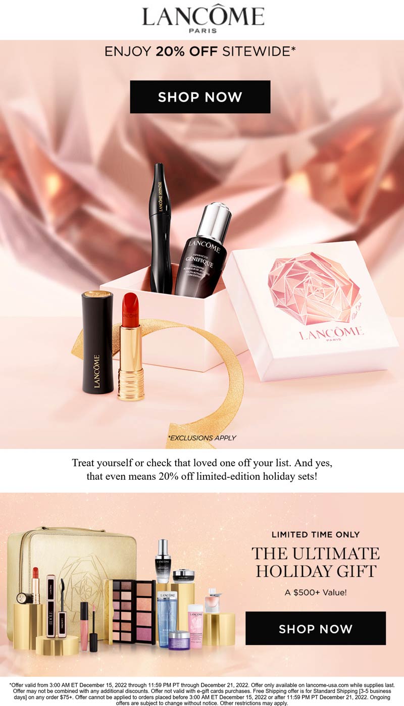 Lancome stores Coupon  20% off everything online today at Lancome cosmetics #lancome 