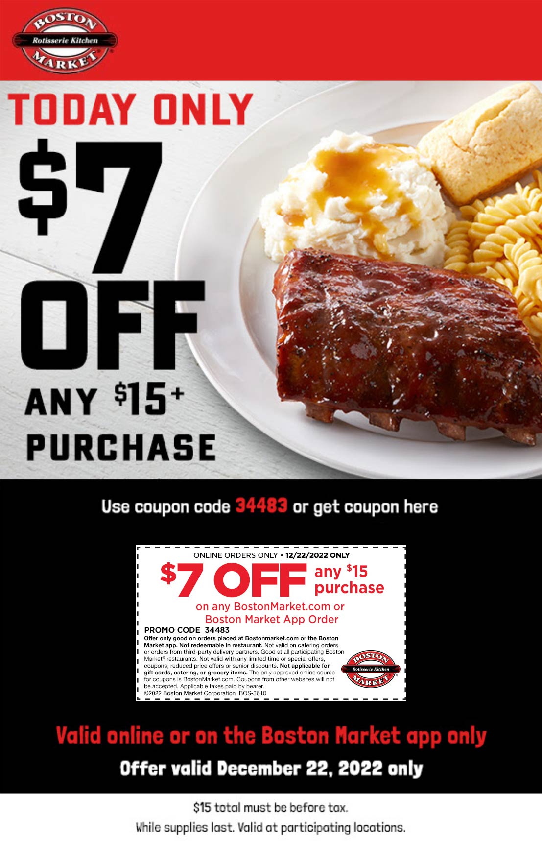 Boston Market restaurants Coupon  $7 off $15 today at Boston Market restaurants #bostonmarket 