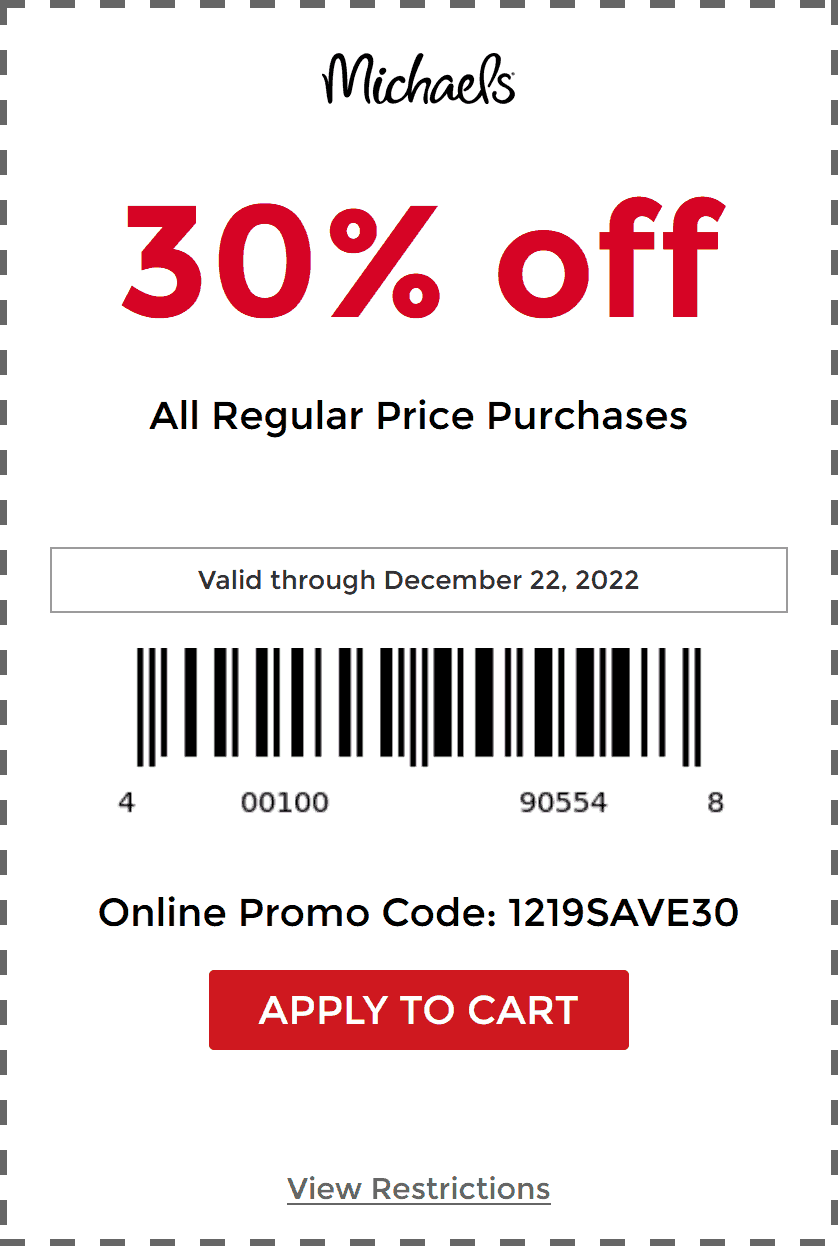 Michaels stores Coupon  30% off today at Michaels, or online via promo code 1219SAVE30 #michaels 