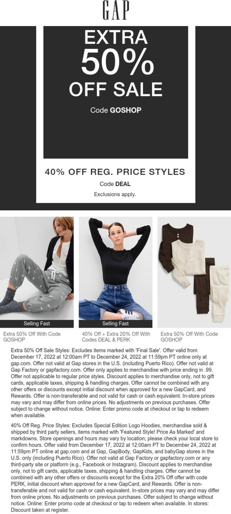 Gap stores Coupon  40% off regular & extra 50% off sale styles online at Gap via promo code GOSHOP #gap 