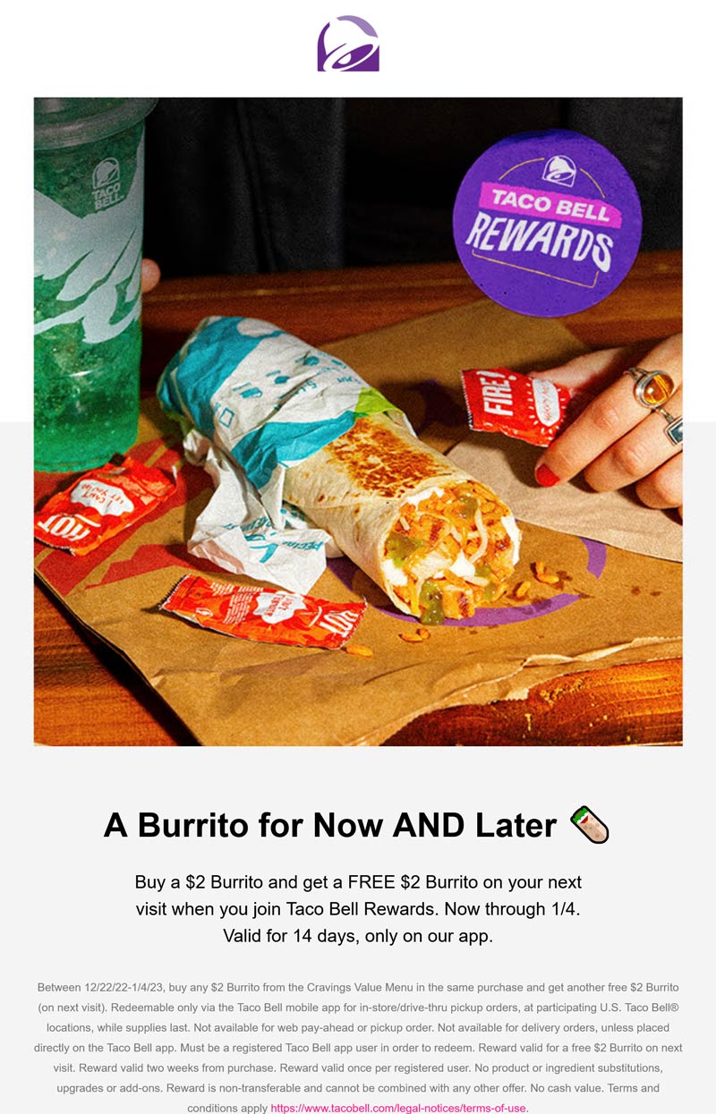 Taco Bell restaurants Coupon  Followup $2 burrito = free via mobile at Taco Bell #tacobell 