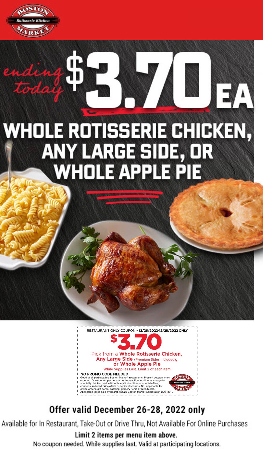 Boston Market restaurants Coupon  Whole chicken or large side or whole apple pie = $3.70 today at Boston Market #bostonmarket 