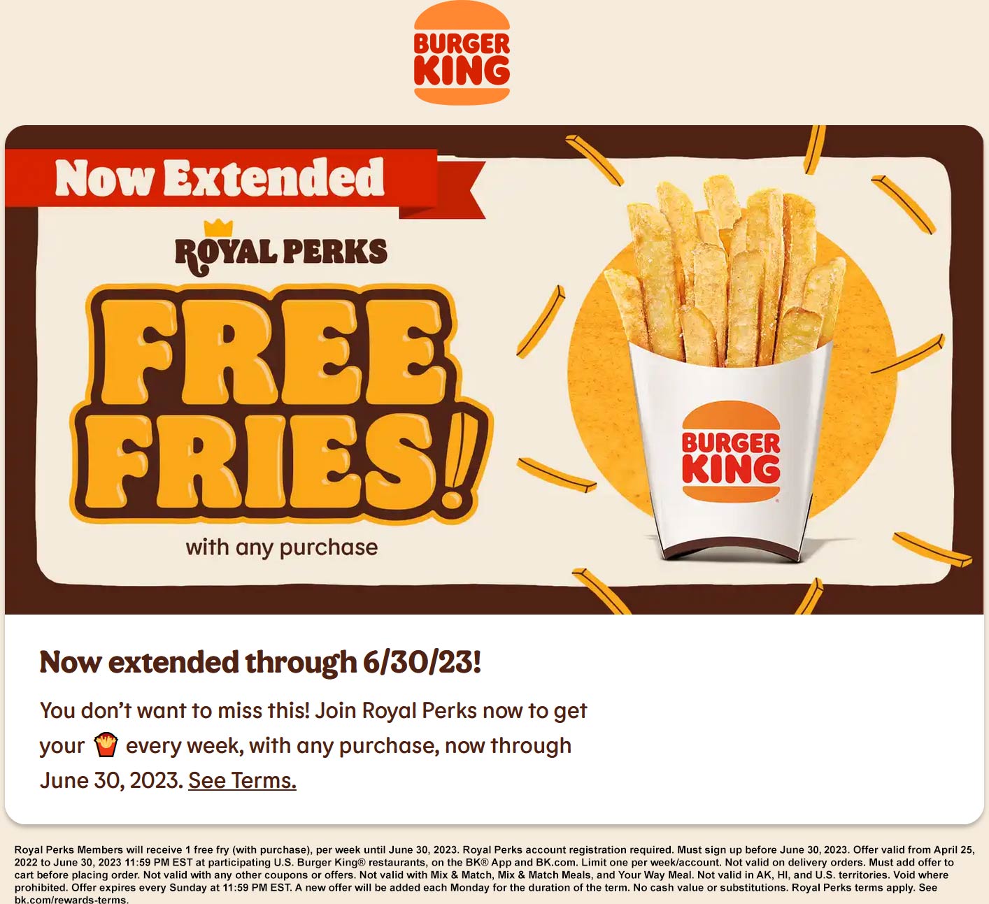 Burger King restaurants Coupon  Free fries with any purchase via mobile at Burger King restaurants #burgerking 