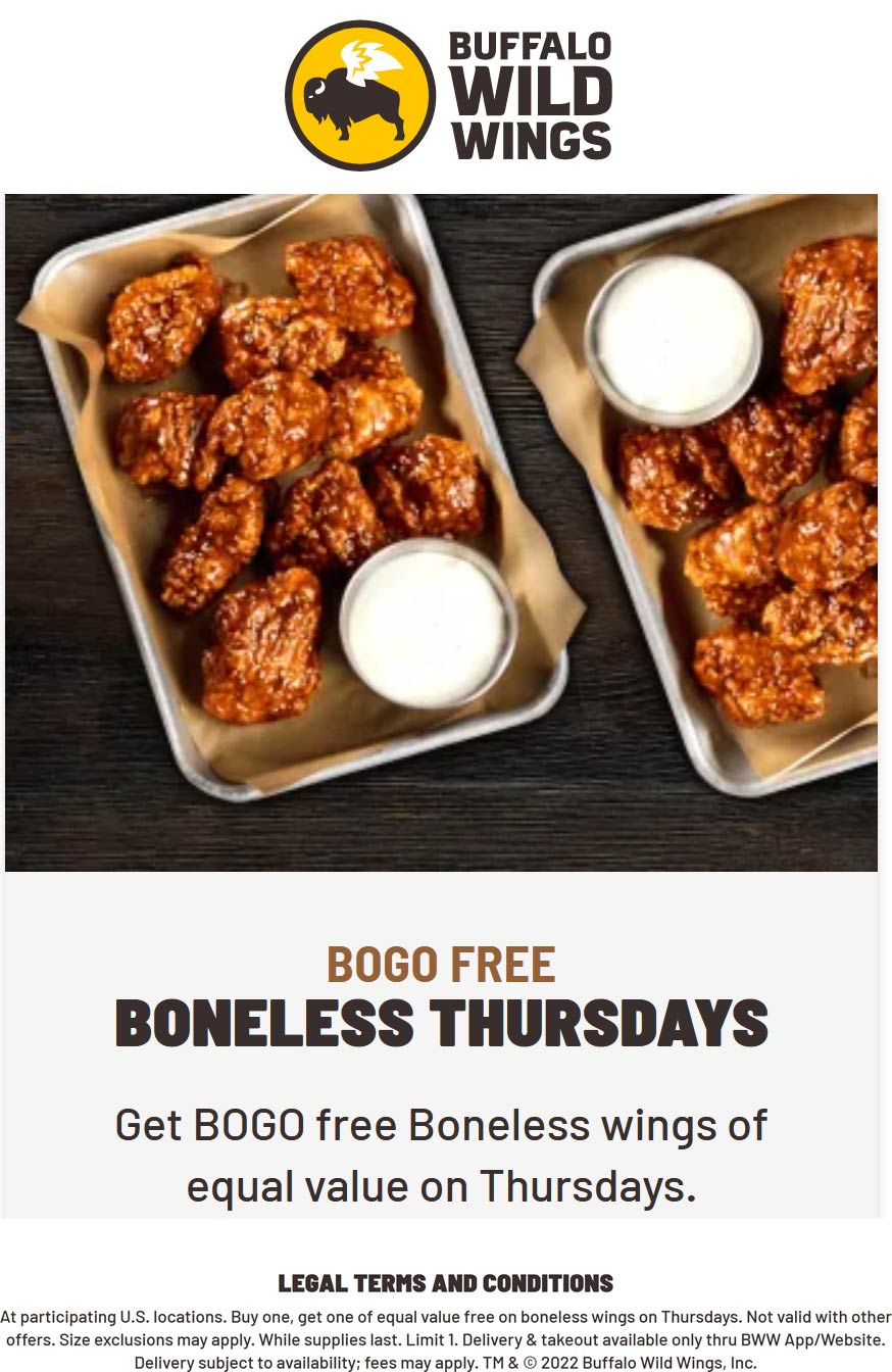 Buffalo Wild Wings restaurants Coupon  Second boneless wings free today at Buffalo Wild Wings restaurants #buffalowildwings 