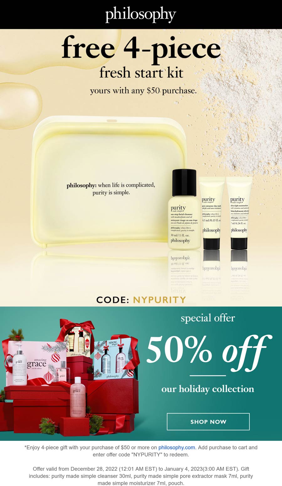 Philosophy stores Coupon  Free 4pc on $50 at Philosophy via promo code NYPURITY #philosophy 