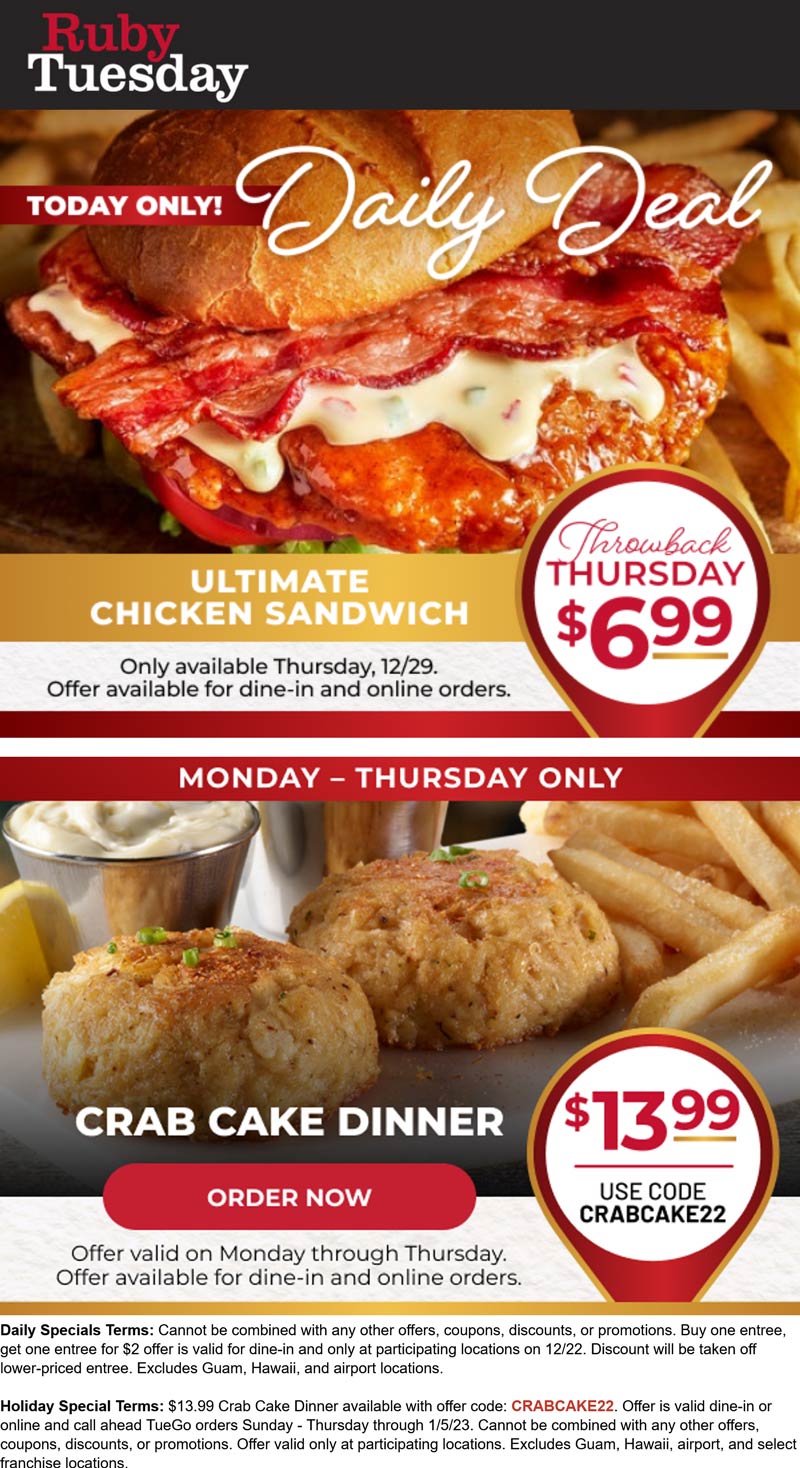 Ruby Tuesday restaurants Coupon  Ultimate bacon chicken sandwich + fries = $7 today at Ruby Tuesday #rubytuesday 