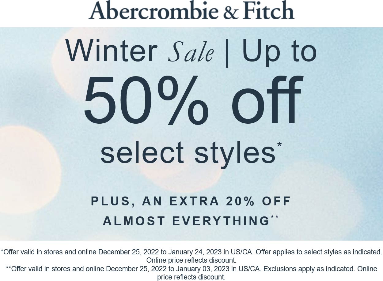 Abercrombie & Fitch stores Coupon  Extra 20% off everything at Abercrombie & Fitch, ditto online #abercrombiefitch 
