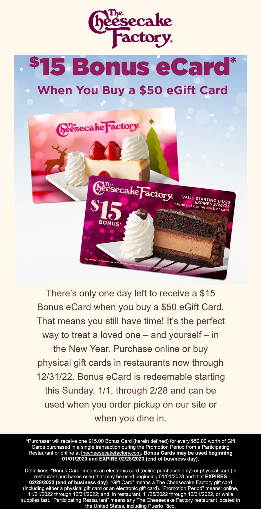 The Cheesecake Factory restaurants Coupon  $15 card free with your $50 card at The Cheesecake Factory restaurants #thecheesecakefactory 
