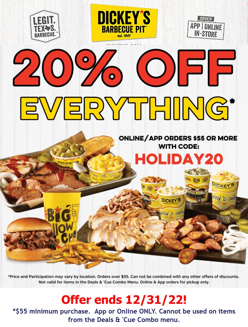 Dickeys Barbecue Pit restaurants Coupon  20% off $55+ at Dickeys Barbecue Pit restaurants via promo code HOLIDAY20 #dickeysbarbecuepit 