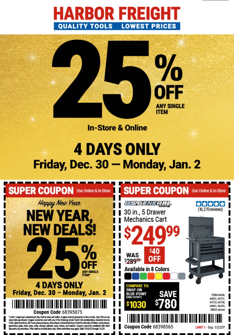 Harbor Freight stores Coupon  25% off at Harbor Freight Tools, or online via promo code 68395075 #harborfreight 