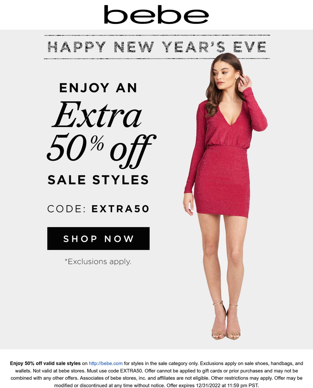 bebe stores Coupon  Extra 50% off sale styles online today at bebe via promo code EXTRA50 #bebe 