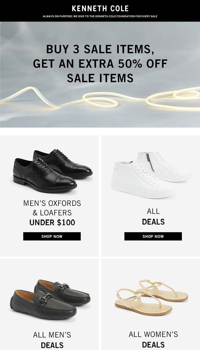Kenneth Cole stores Coupon  Extra 50% off 3+ sale items at Kenneth Cole #kennethcole 