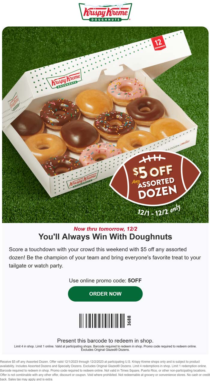 Krispy Kreme restaurants Coupon  $5 off any assorted dozen doughnuts at Krispy Kreme #krispykreme 