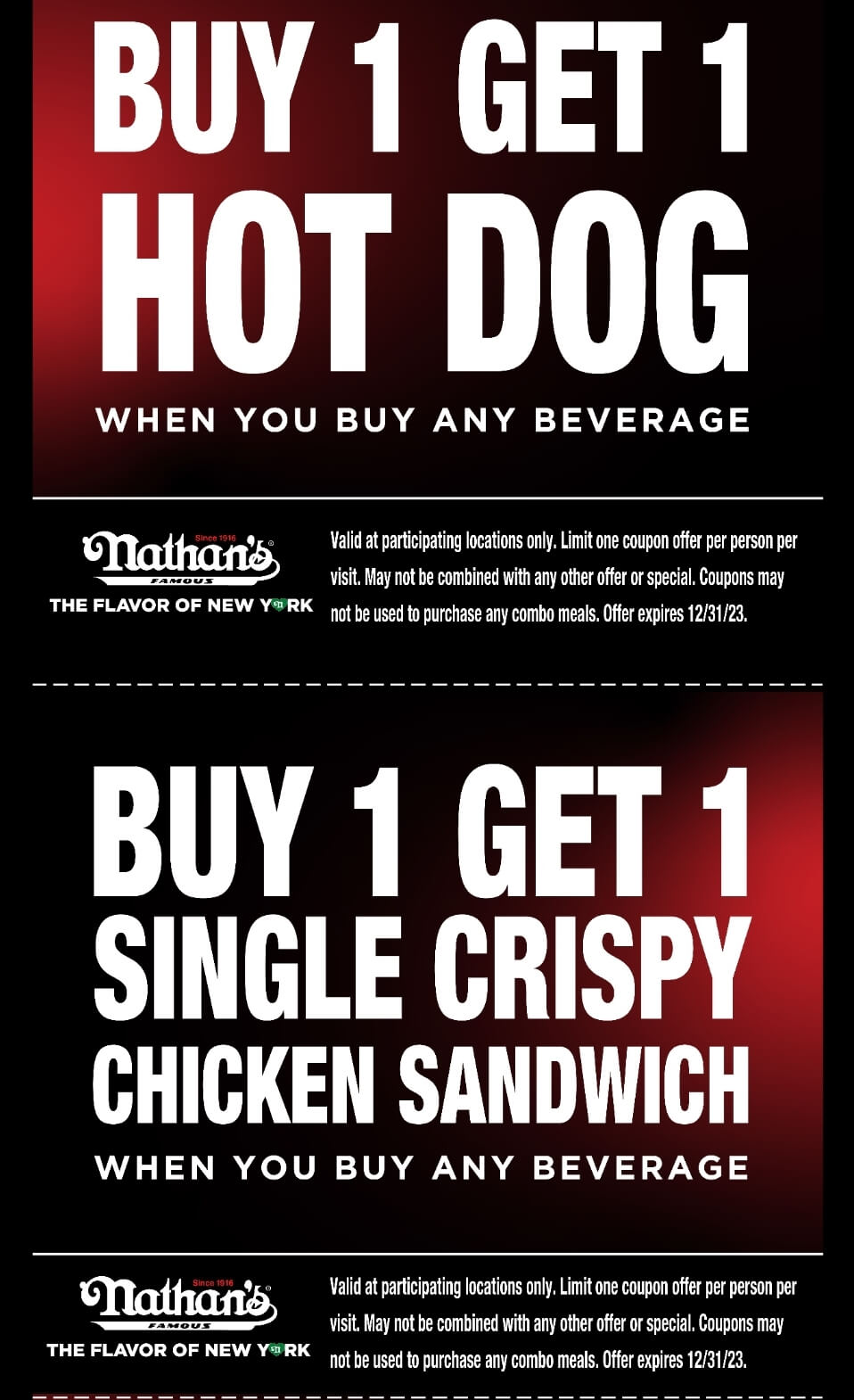 Nathans Famous restaurants Coupon  Second hot dog or chicken sandwich free at Nathans Famous #nathansfamous 