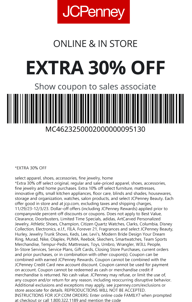 JCPenney stores Coupon  Extra 30% off at JCPenney, or online via promo code FAMILY7 #jcpenney 