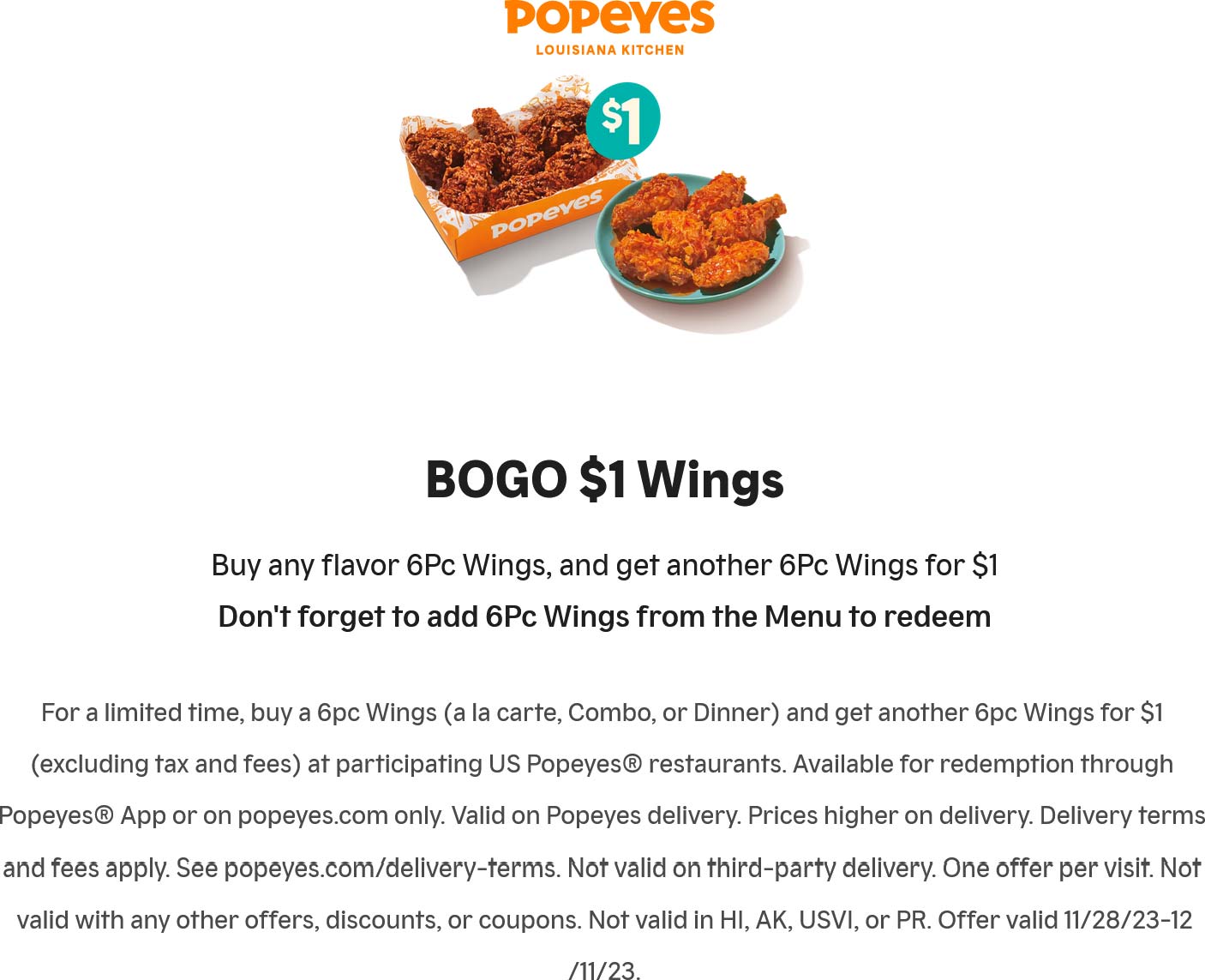 Popeyes restaurants Coupon  Second 6pc chicken wings $1 at Popeyes #popeyes 