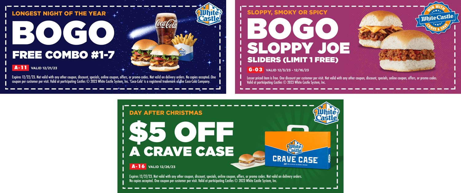 White Castle restaurants Coupon  Second meal or sloppy joe free & $5 off crave case at White Castle #whitecastle 