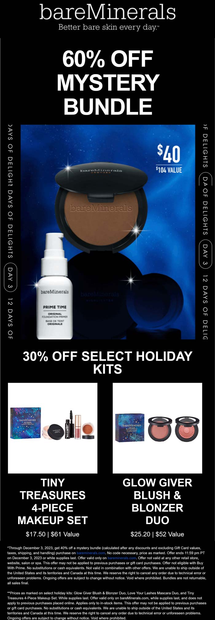 bareMinerals stores Coupon  60% off mystery bundle & more today at bareMinerals #bareminerals 